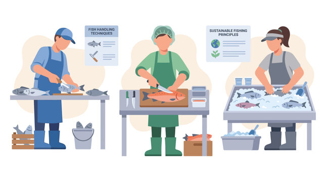 Fishmongers preparing seafood at market stalls, professional fish processing and selling