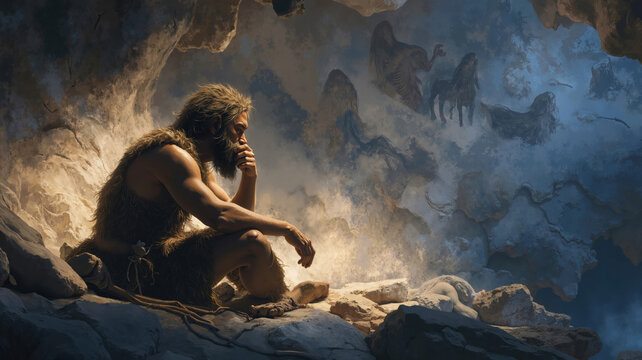 Prehistoric caveman sitting in a cave looking at ancient wall paintings. Thoughtful Neanderthal man in animal fur clothing. Origins of human art and creativity concept