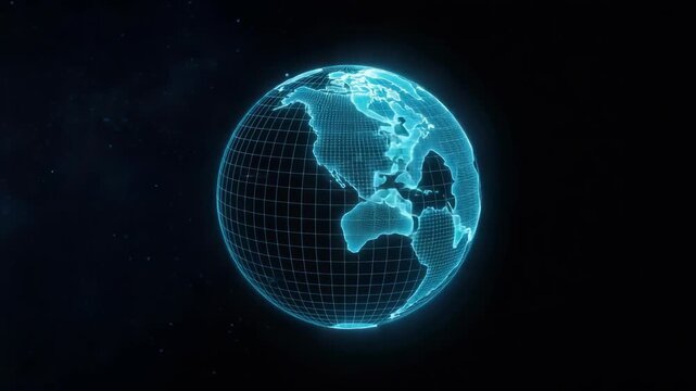 Glowing cyan holographic wireframe globe showing the Americas, Africa and Europe against a dark starry space background
