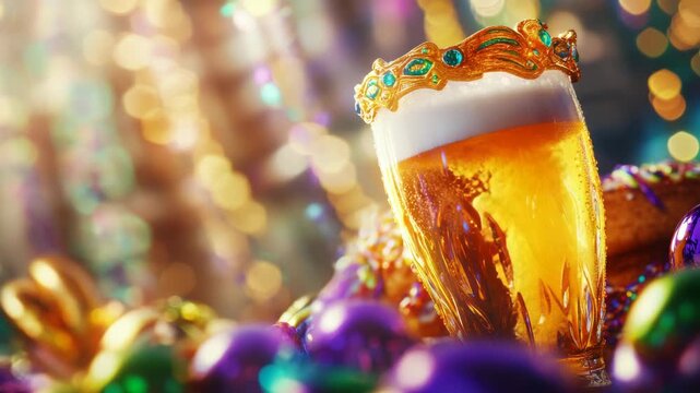 Ornamental Crown on Top of Beer in Mardi Gras Colors