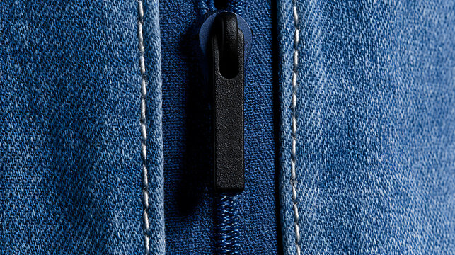 Close-up detail of a classic blue denim fabric texture with a dark zipper pull, showcasing textile pattern and stitching