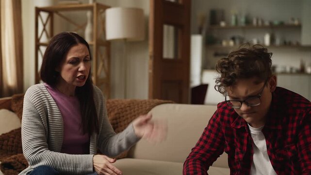 Angry mom disciplining her teen son for poor school grades, lecturing him