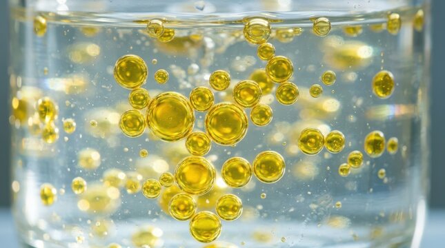 Golden oil drops floating in clear water