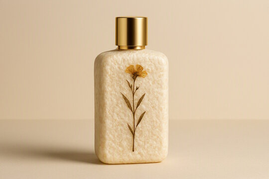 Product photography of a luxury cosmetic bottle made of translucent, textured mycelium (mushroom packaging), decorated with a single elegant dried wildflower embedded in the material. Clean beige back