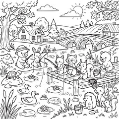 Obraz premium Cute Animal Village Life Coloring Page for Kids – Printable Line Art Vector Illustration