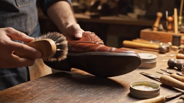 A skilled shoemaker is seen meticulously brushing a shoe in a well-lit wooden workshop. The close-up, slightly elevated shot highlights the focused and detailed nature of the leather repair.