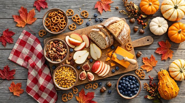 Autumn harvest snack board with fresh fruits cheese and nuts