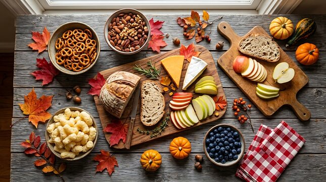 Autumn harvest food display with cheese bread fruits and nuts