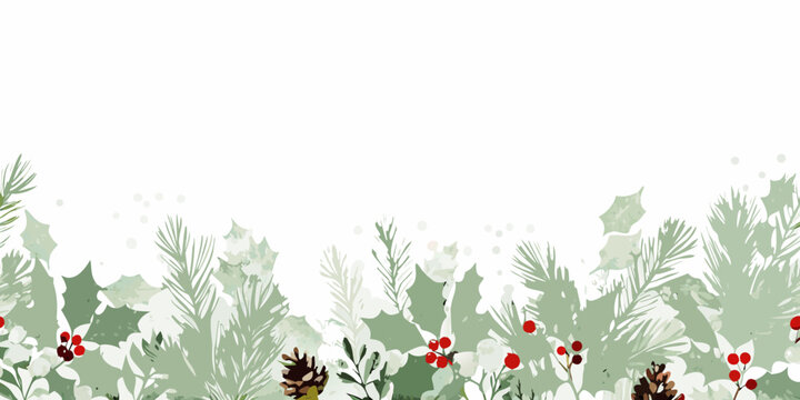 Watercolor Christmas Border With Pine Branches Holly And Berries aquamarine