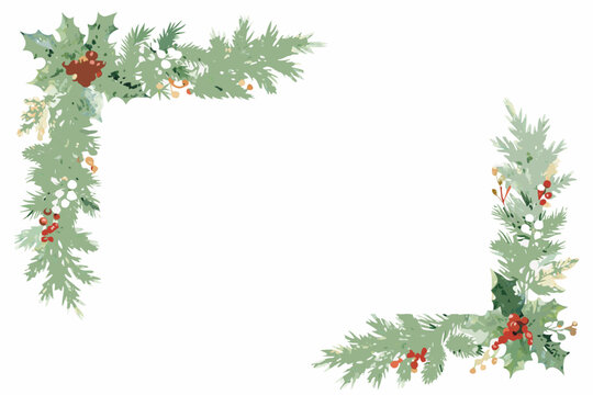 Watercolor Pine And Holly Corner Arrangement With Berries On White Background