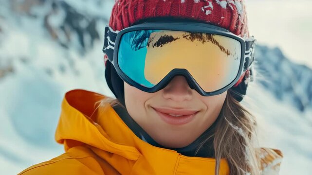 Smiling Female Skier in Yellow Jacket and Red Goggles