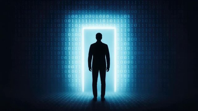 Silhouette of a man standing in a glowing digital doorway surrounded by binary code, suggesting a futuristic data portal, cybersecurity and virtual transition