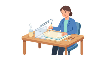 Fototapeta premium Woman working with wax and tools at a desk, crafting and creating.