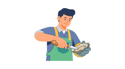 Man shucking oyster with knife, preparing seafood, flat illustration, isolated on white background © paloma