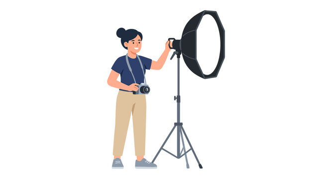 Woman Photographer Adjusting Softbox Studio Lighting with Camera