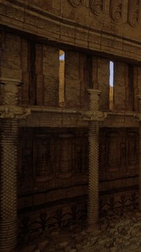 A large stone structure shows tall columns and intricate walls. Sunlight filters through the gaps, highlighting details of the ancient design. Dust covers the ground, showing age and history.