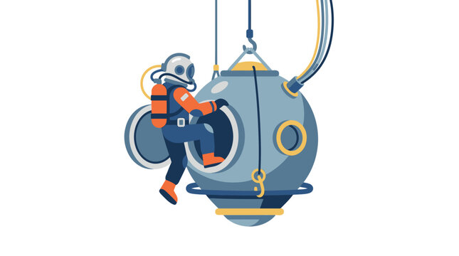 Retro Diver Enters Submersible Sphere Capsule for Underwater Exploration
