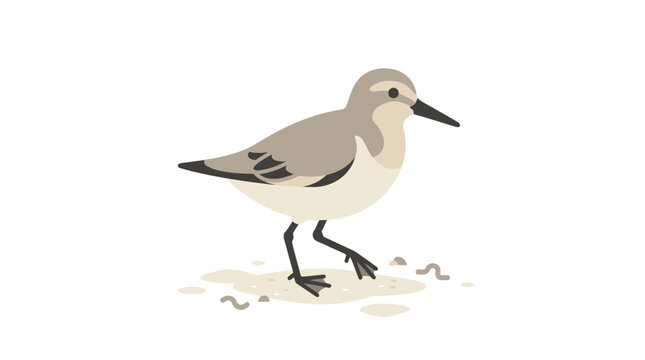 Cute Sandpiper Bird Walking on Sandy Beach with Small Shells, Illustration
