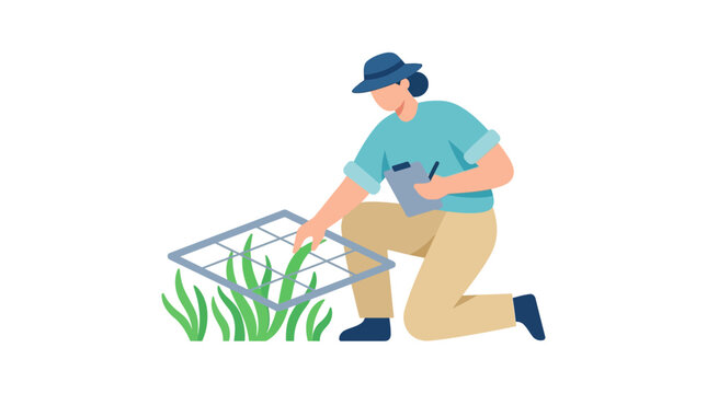 Scientist studying plant growth with quadrat and clipboard, environmental research