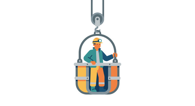 Miner in Elevator Bucket Ascending from Mine Shaft, Safety Helmet and Light