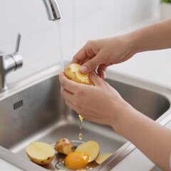 Obraz premium Character Concept Potato Metal. Closeup Image Of A Woman Peeling Potatoes At Home Over The Kitchen Sink