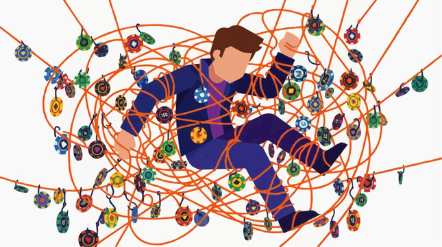Entangled in Complexity: A person struggles, ensnared by a web of colorful threads and decorative gears, symbolizing overwhelm and the challenges of modern life.