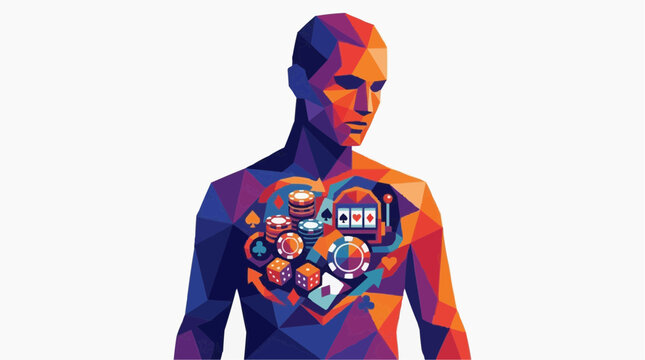Man's Inner Casino: Abstract geometric art depicts a man's torso revealing a colorful explosion of casino icons, symbolizing the allure and complexity of gambling.