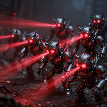 Chibi Robot Animal. Dangerous Red Laser Beams From Evil Robot Monsters With Devilish Auras