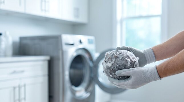 Gloved hands holding lint ball removed from dryer vent during home maintenance to prevent fire and improve appliance efficiency