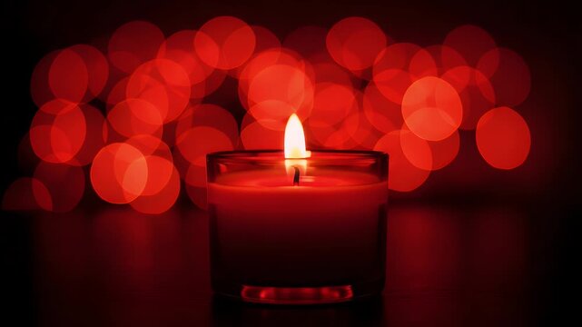 A single glowing candle in a clear glass container sits peacefully against a dark background featuring beautiful soft red bokeh light circles for a cozy holiday mood