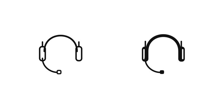 Computer audio headset with microphone icon for gaming support and communication in outline and solid vector styles