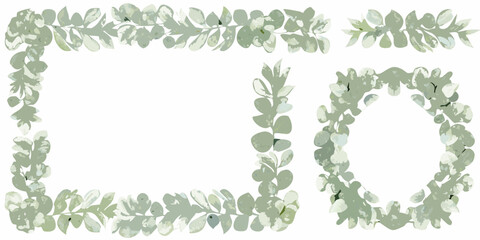 Watercolor eucalyptus leaves form a botanical frame on a white background © Juel