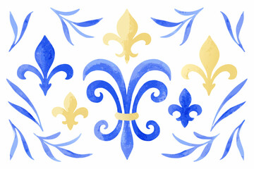 Watercolor Floral Ornament With Blue And Yellow Fleur De Lis Elements © Juel