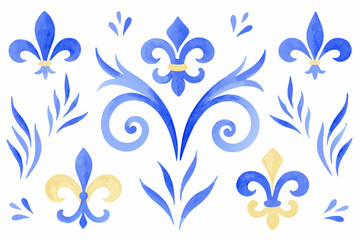 Watercolor floral ornament with fleur de lis and swirling leaf elements on white background © Juel