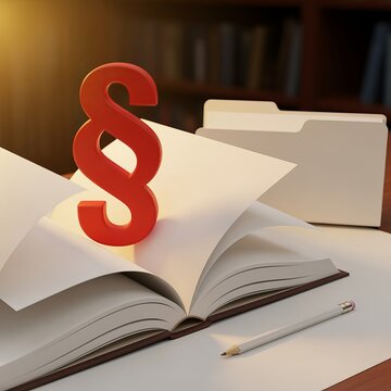 A 3D Rendered Law Reform Concept Featuring A Red Section Sign Symbol Over An Open Blank Book Page