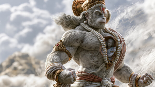 A powerful statue of Anjaneya exposing his heart to prove absolute love and worship for his lord during an epic moment