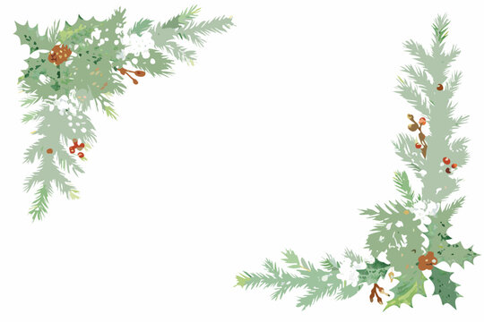 Watercolor Christmas Pine And Holly Arrangement With Berries On White Background