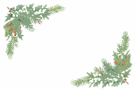 Watercolor Pine And Holly Arrangement With Berries On White Background