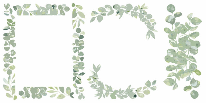 Watercolor eucalyptus leaves forming a rectangular frame on a white background