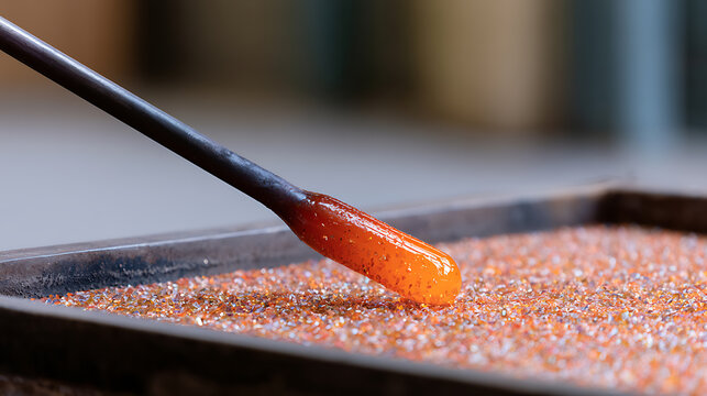 A close-up view of molten glass in vibrant orange color at the tip of a blowpipe, touching a tray of colorful glass frits, ready for creation