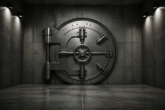 Heavy steel vault door stands in dim concrete room. Spotlights highlight its intricate, robust construction. No people are present, emphasizing solitude and security. Ideal for financial, security