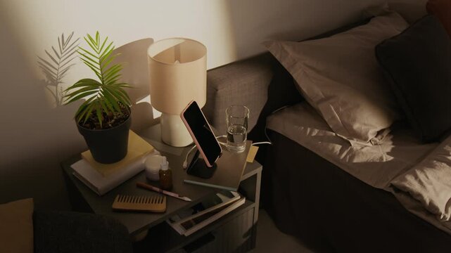 Smartphone charging on wireless charger stand placed on bedside table next to bed. Perfect for smart home technology, consumer electronics, and modern lifestyle commercial videos