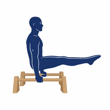 Male athlete performing L sit calisthenics exercise on wooden parallettes bars.