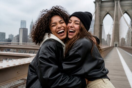 Two women laugh joyfully on the Brooklyn Bridge. Their embrace conveys warmth and connection. City skyline stretches behind them, cloudy and vast. Urban adventure, friendship