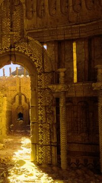 Sunlight shines through an archway in ancient ruins. The detailed carvings on stone walls show a rich history. Dust and debris scatter across the ground, hinting at past lives.