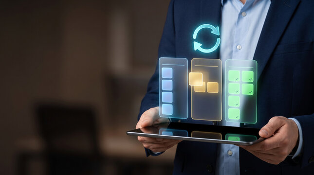 Businessman holding tablet with digital kanban board interface for project management task automation workflow agility and software development lifecycle