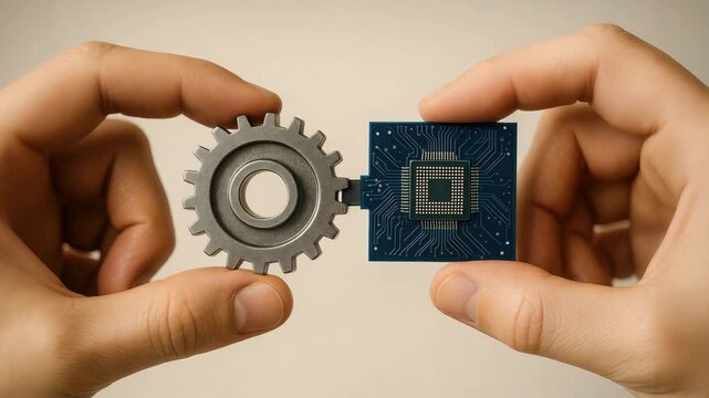Hands holding a metal gear and a microchip, symbolizing technology, engineering and hardware integration