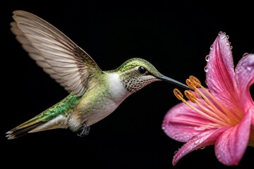Fototapeta premium Hummingbird hovers near pink flower, wings blurred in motion. Dewdrops gleam on petals, catching soft light. Long, thin beak probes deep into bloom's center