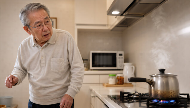 Senior man distracted in kitchen with unattended boiling pot on stove. Forgetting food cooking leading to house fire hazard. Risk of accident for aged person alone at home.