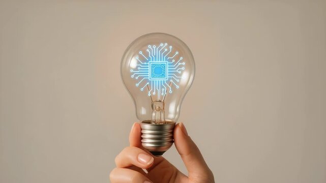 Hand holding a glowing light bulb with a digital microchip and circuit pattern inside, symbolizing technological innovation and creative ideas